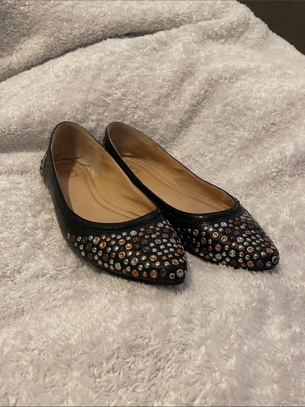 Frye Black Pointed Toe Studded Flats